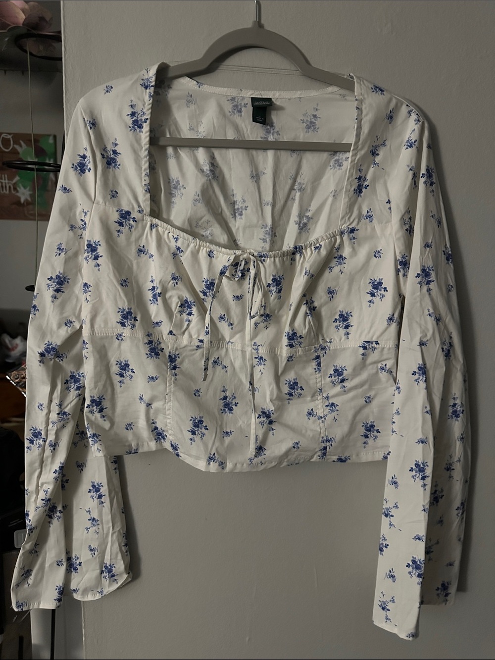 wild fable White Blue Floral Square-Neck Tie-Front Blouse